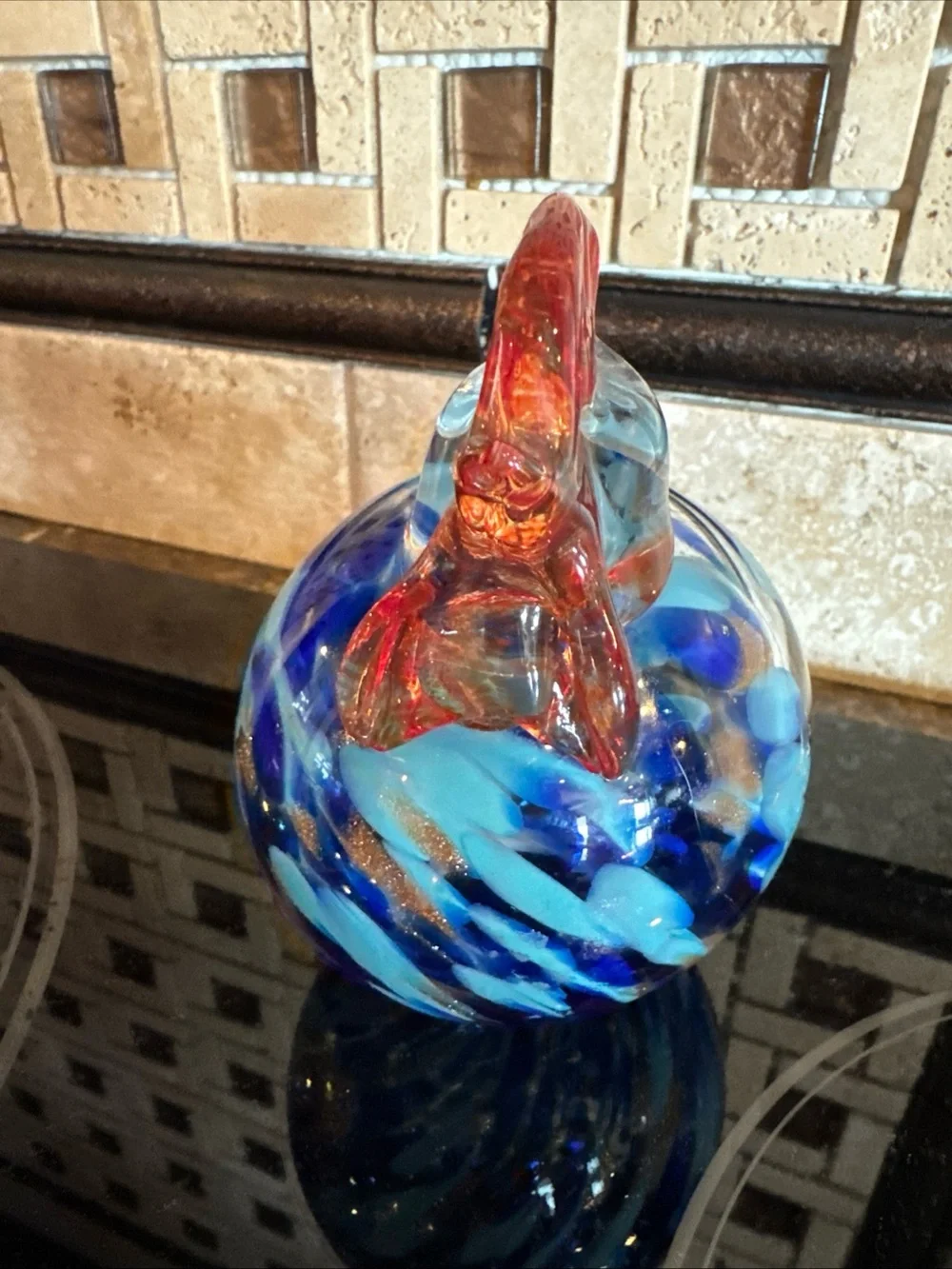 HQT Hand Made Art Glass Beautiful Blues and Gold Chicken / Rooster, 4 1/2